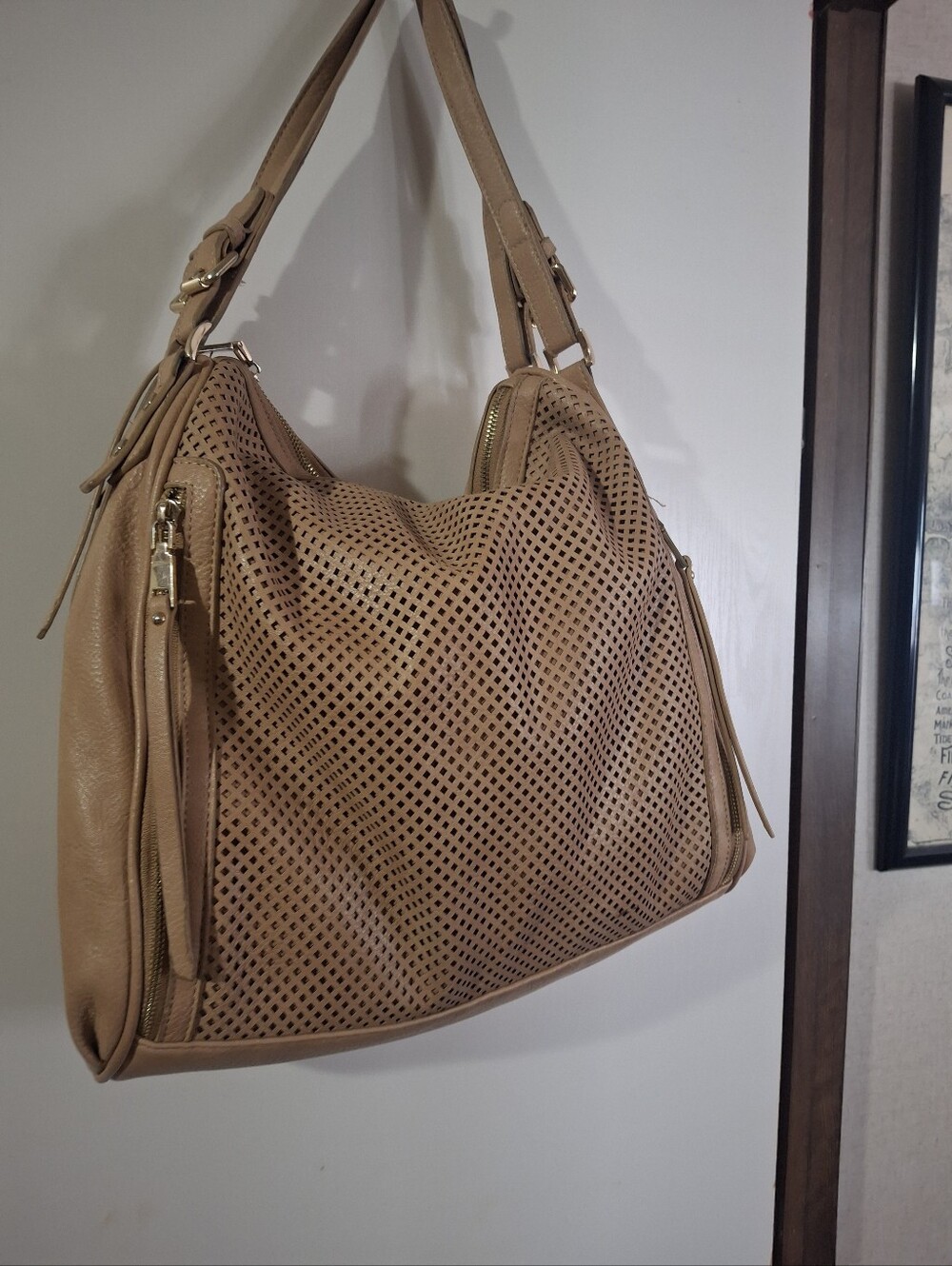 Madison West Tan Perforated Shoulder Hobo Bag